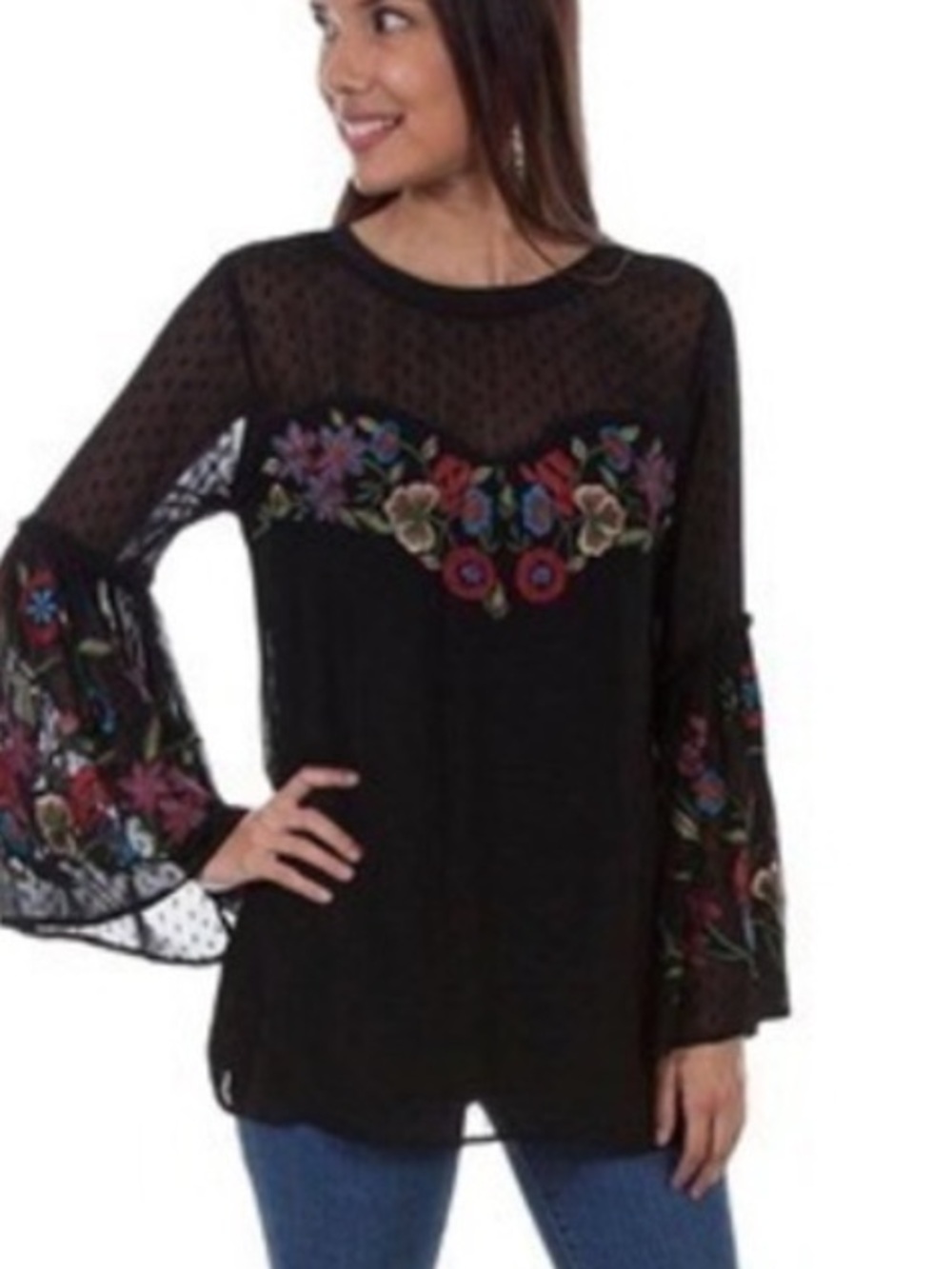 SCULLY BLACK SWISS DOT TUNIC W/BELL SLEEVES size M